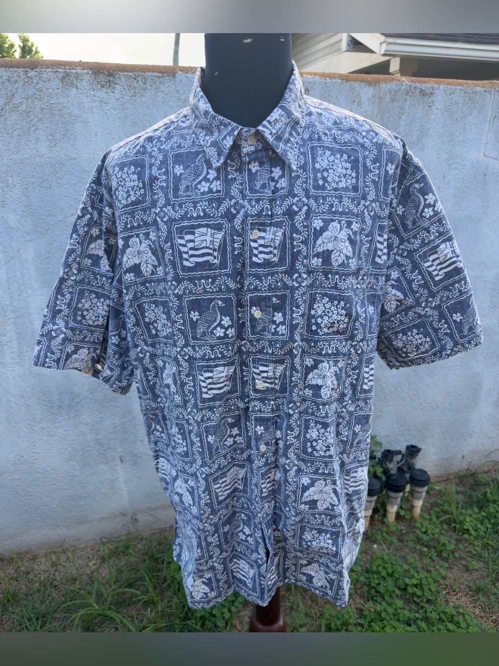 PreOwned Reyn Spooner Blue Full Button Hawaiian Print Men's XXXL 3XL